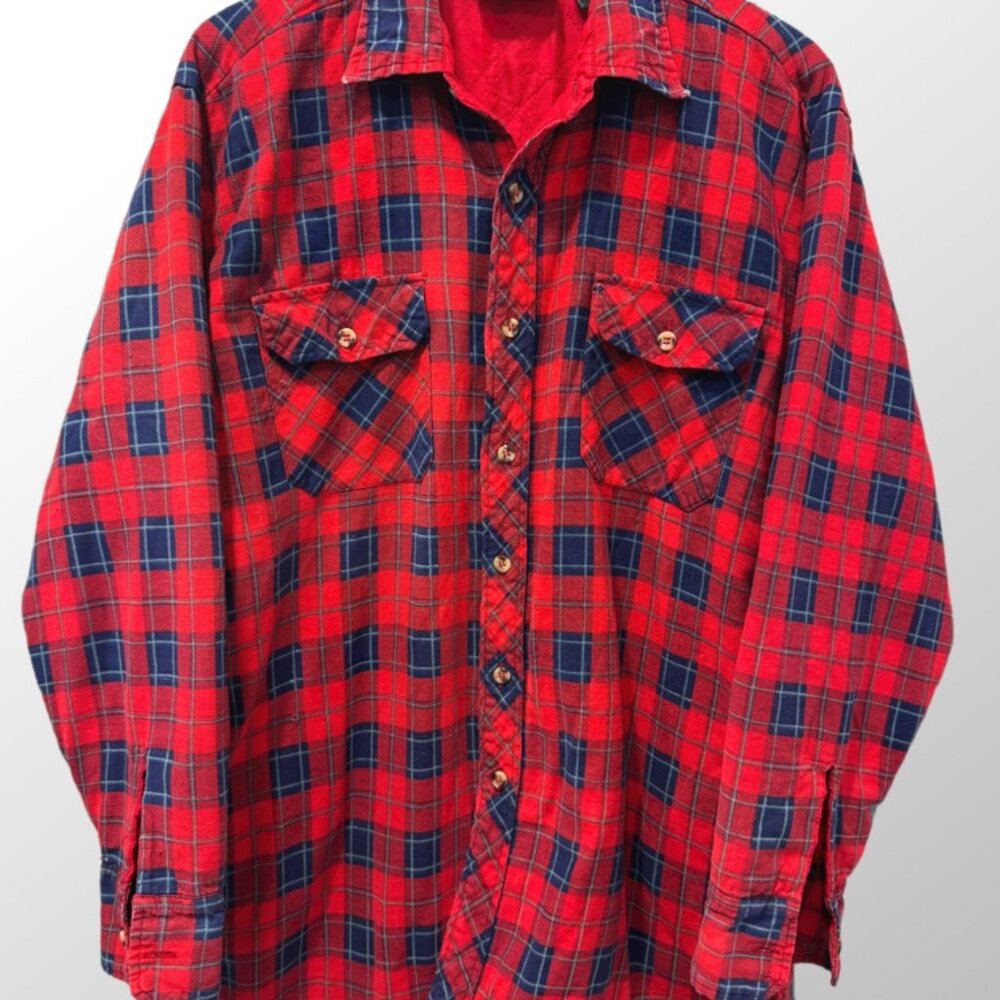 Distressed VTG Timber Run Shirt Mens M Tall Red Tartan Plaid Flannel Quilt Lined